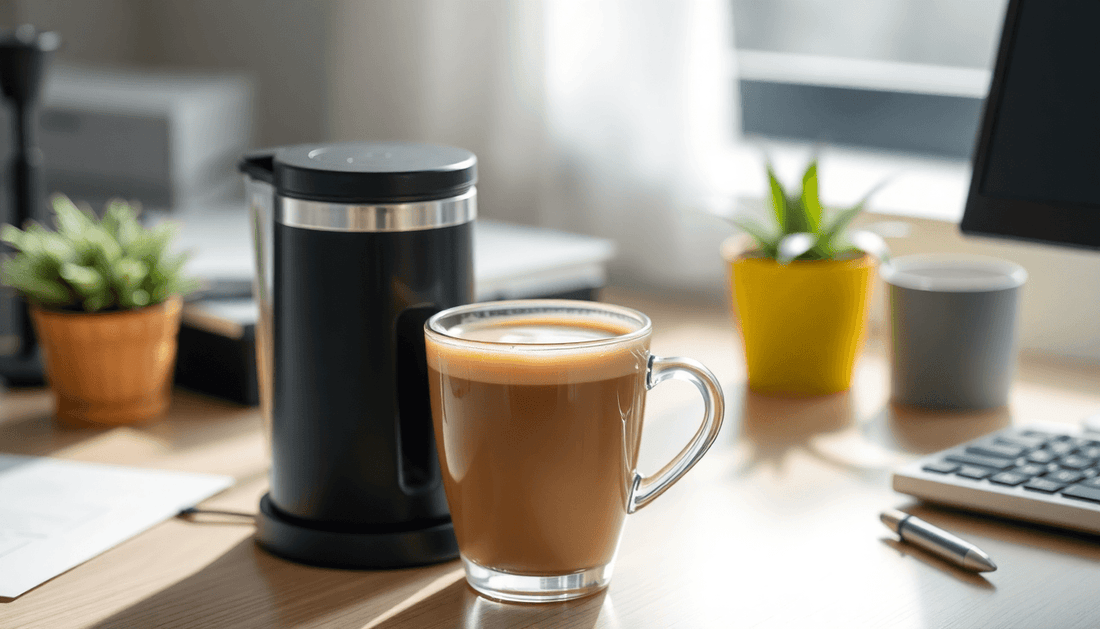 A steaming cup of instant cappuccino on a office desk