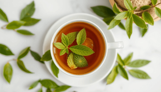 A cup of Roosh Green Tea with fresh green leaves