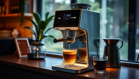 Modern coffee machine brewing a fresh cup with a glass of black coffee nearby Atlantis Coffee Machine Supplier in Jammu Kashmir