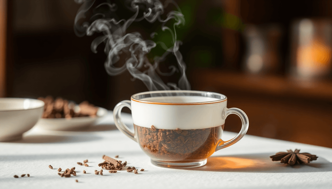 A steaming cup of Manshanti Tea Premix on a table