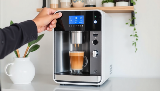 A compact coffee vending machine making coffee at home