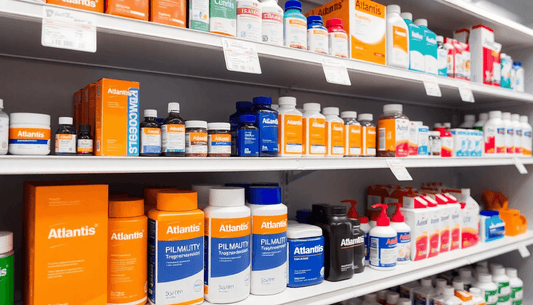 A pharmacy shelf filled with Atlantis pharma products