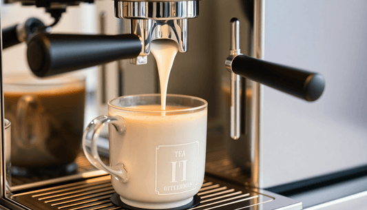 A tea coffee machine dispensing coffee with milk