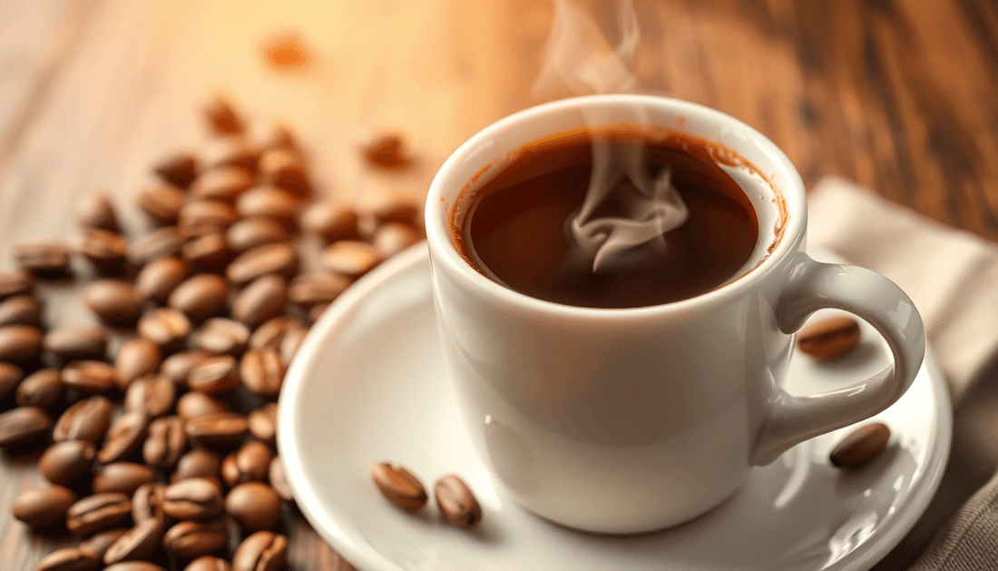 A steaming cup of Arabica coffee with coffee beans