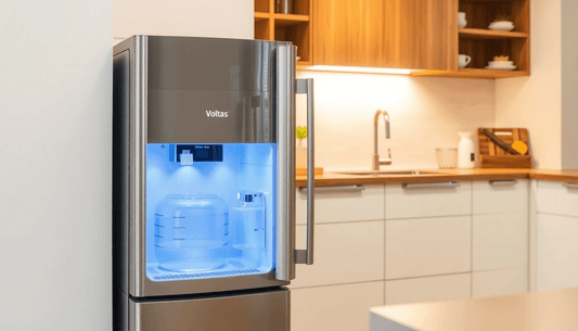 A modern Voltas water dispenser with refrigerator in kitchen