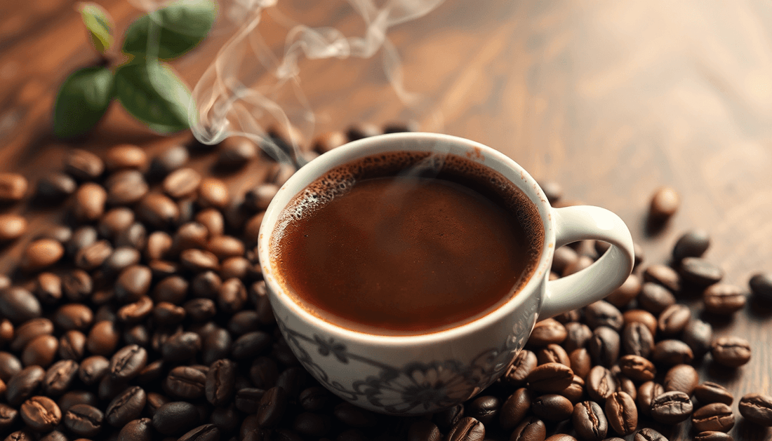 A steaming cup of 100% Arabica coffee with coffee beans