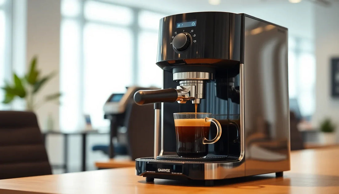 Modern Atlantis Coffee Machine brewing espresso with a clear glass cup on a wooden table showing Atlantis Coffee Machine price