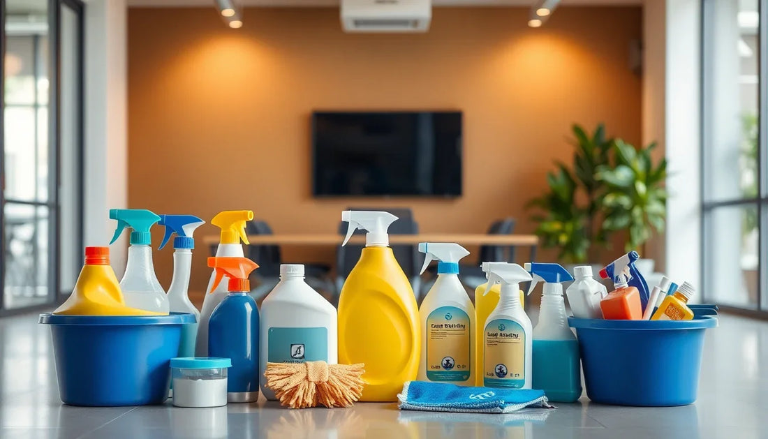 Cleaning supplies arranged on a table for maintaining a Fresh Milk Tea Coffee Vending Machine