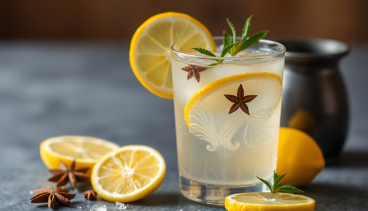 A glass of spiced lemonade with lemon and spices