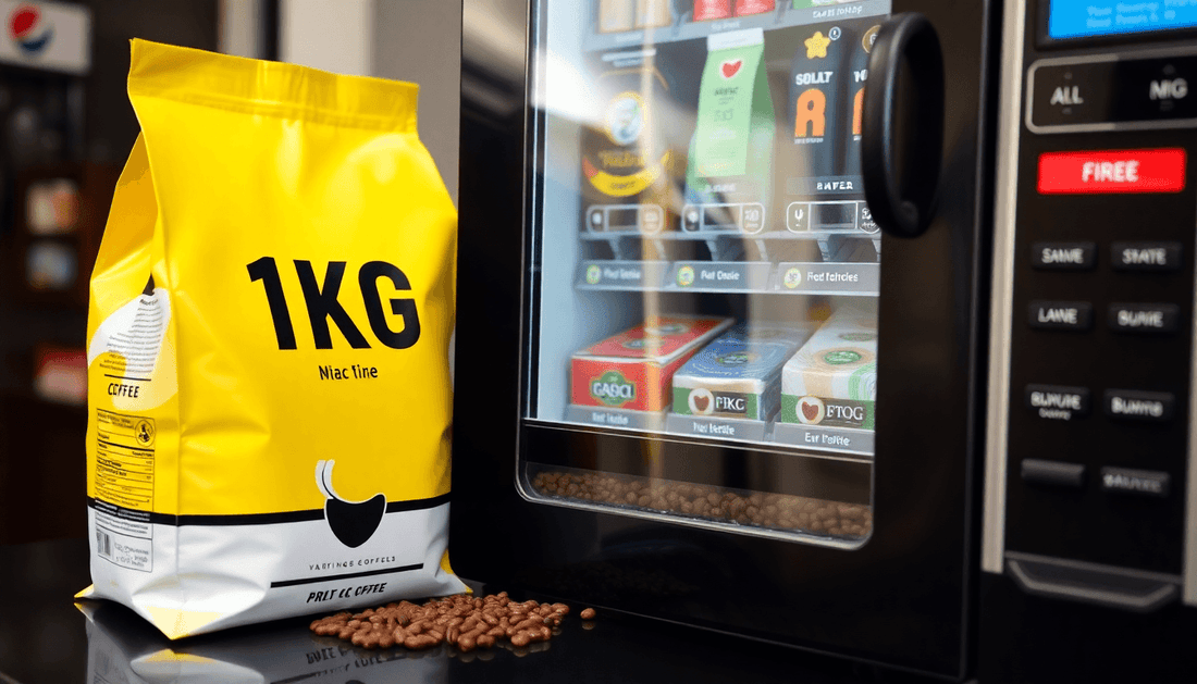 A 1kg coffee pack next to a vending machine