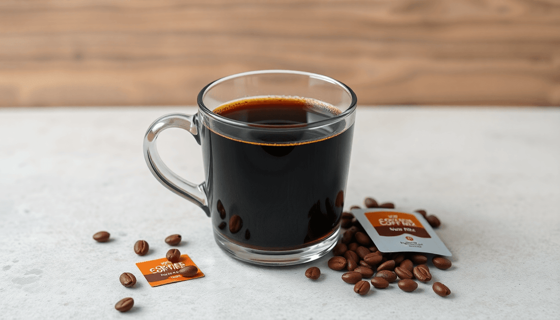 A cup of strong black coffee with coffee premix packets