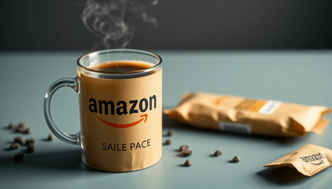 A steaming cup of coffee with Amazon packaging