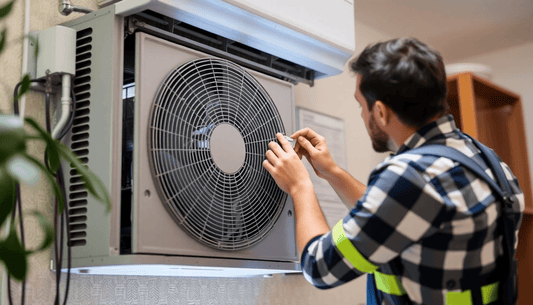 Technician servicing a Voltas air conditioner indoors
