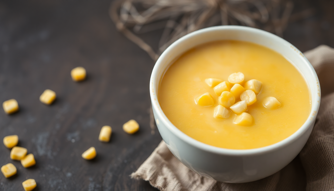 A bowl of steaming sweet corn soup with corn kernels