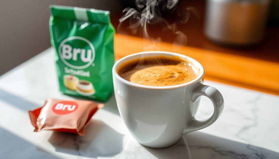 A steaming cup of coffee with BRU packaging on table