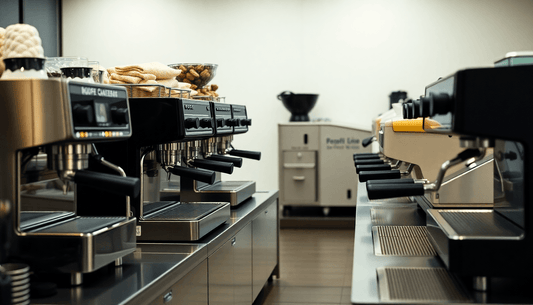 Various coffee machines with multiple lanes on display