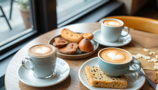 A cozy café table with coffee and assorted café snacks