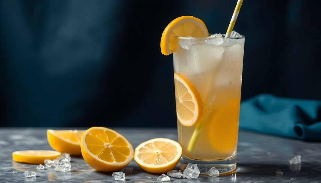 A glass of icy nimbu paani with lemon slices