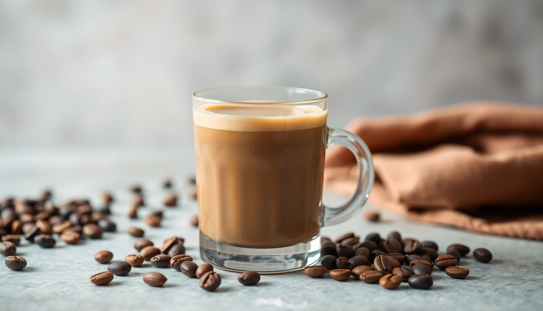 A glass of chocolate cold coffee with coffee beans