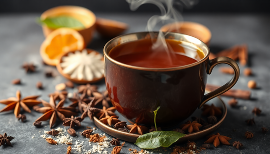 A steaming cup of masala tea with spices around