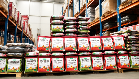 Warehouse shelves stocked with bulk coffee premix bags from a bulk coffee premix supplier Ghaziabad