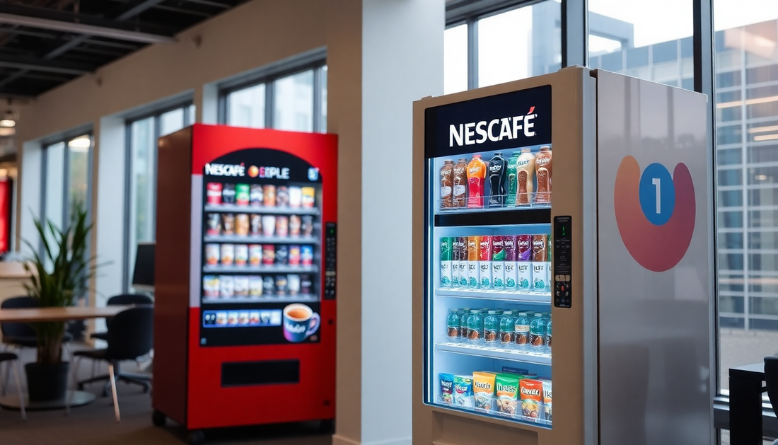 Nescafe vending machine rental Udyog Vihar showing hot and cold beverage options in a modern office setting
