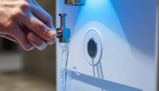 Close-up of a Voltas water dispenser tap pouring water