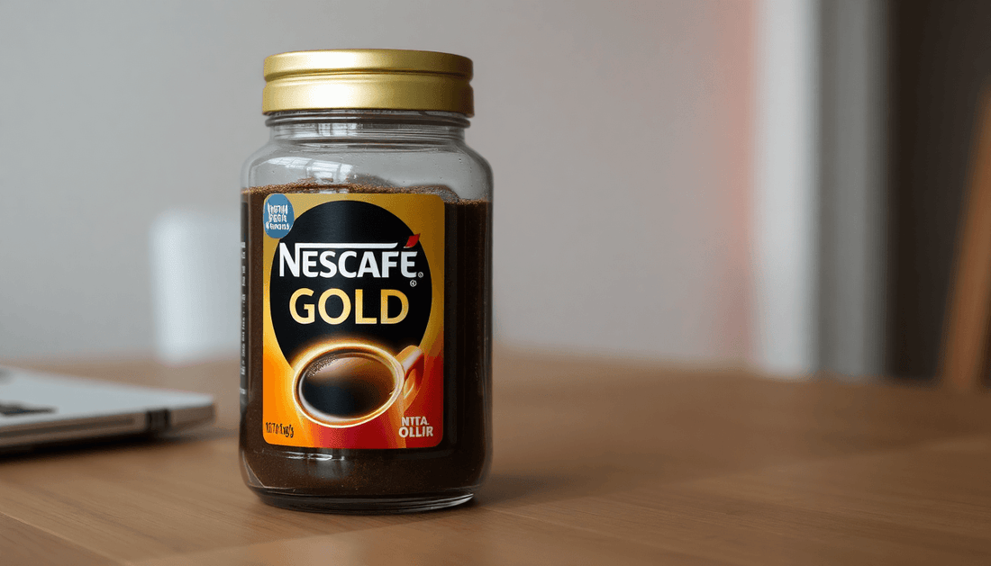 A jar of Nescafe Gold coffee on a wooden table