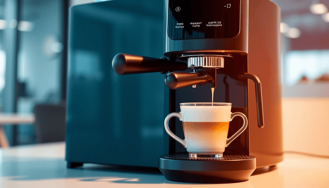 A sleek coffee machine brewing fresh coffee in an office