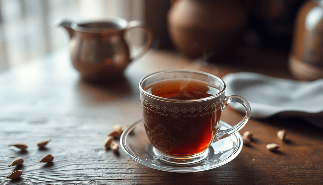 A steaming cup of cardamom tea on a wooden table