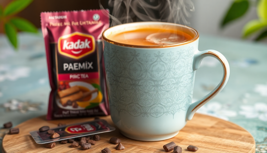 A steaming cup of sweetened kadak tea with tea premix packet