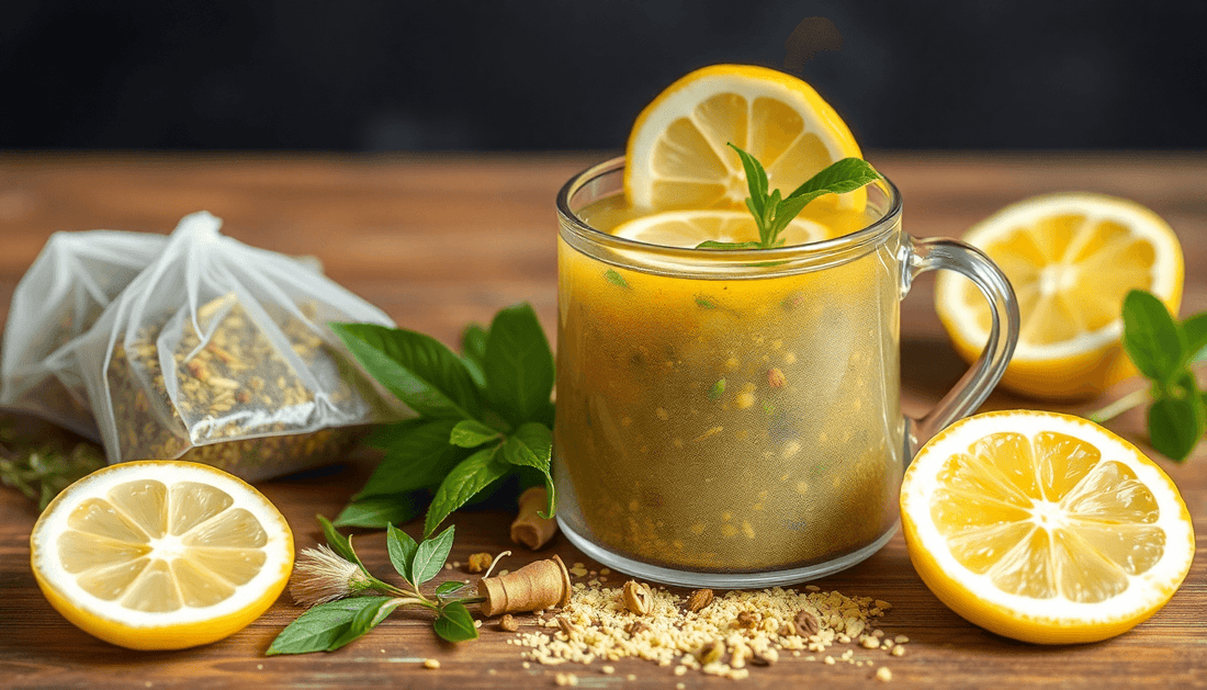 Lemon tea premix sachets with fresh lemon and herbs