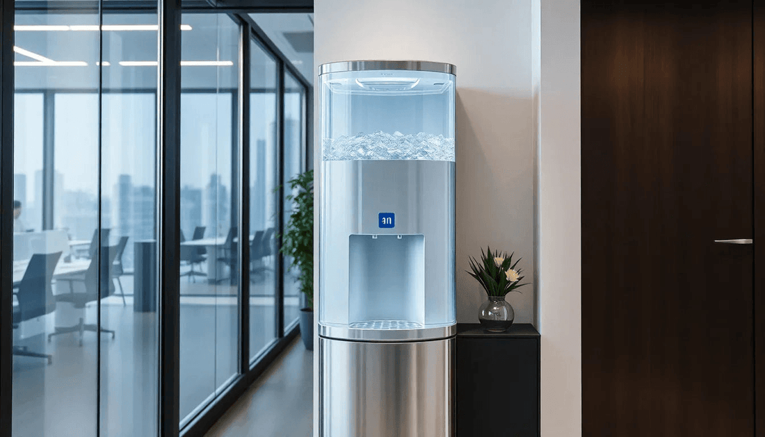 A modern water dispenser in a sleek office setting