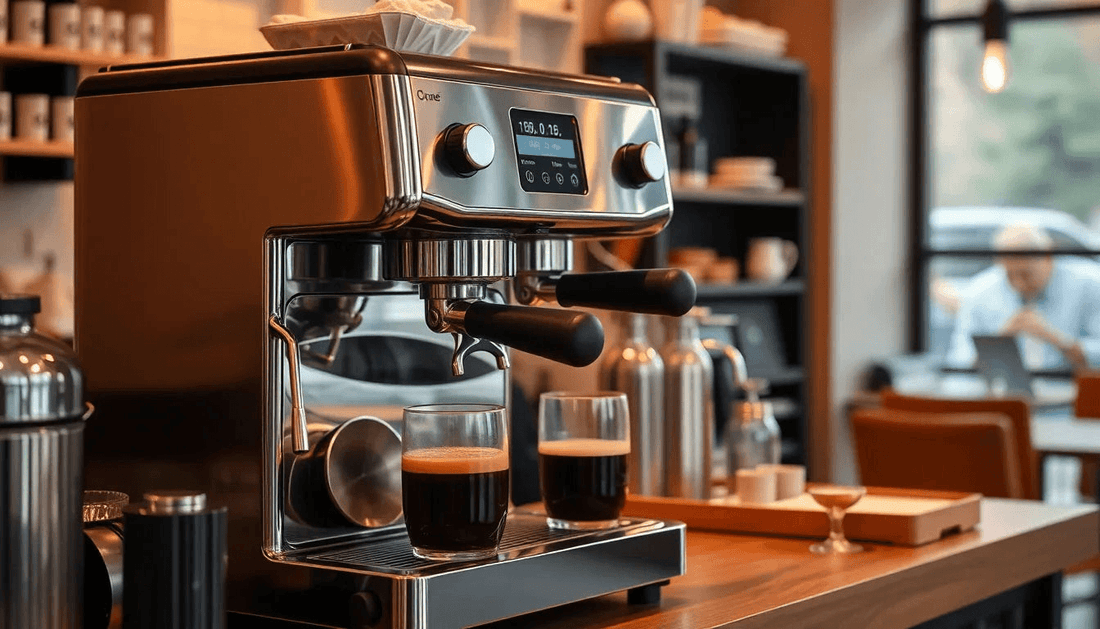 A modern coffee machine brewing coffee in a cozy cafe