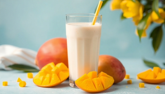 A glass of mango milk premix with fresh mangoes