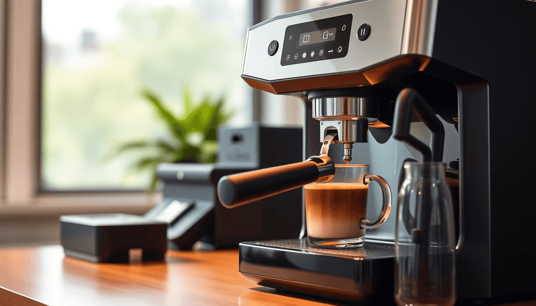 A modern coffee machine brewing coffee in an office