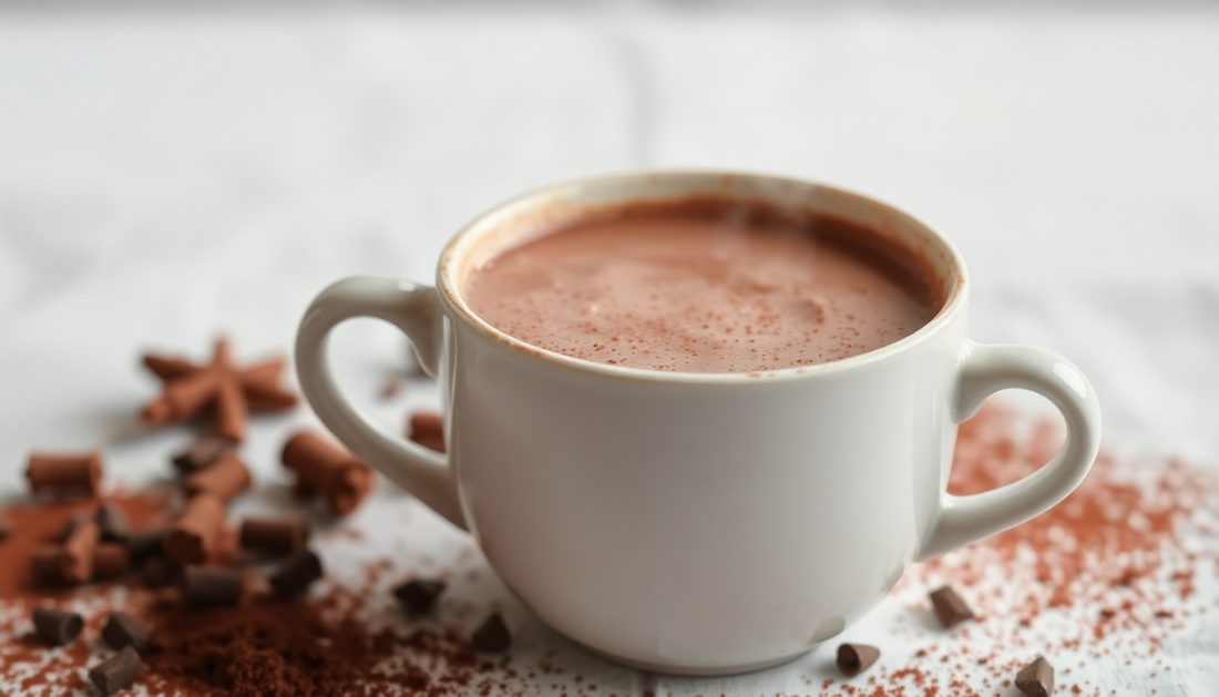 A steaming cup of hot chocolate with cocoa powder