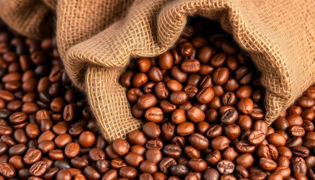 Fresh roasted coffee beans spilling from burlap sack