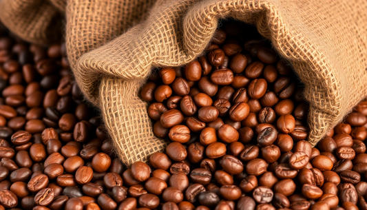 Fresh roasted coffee beans spilling from burlap sack