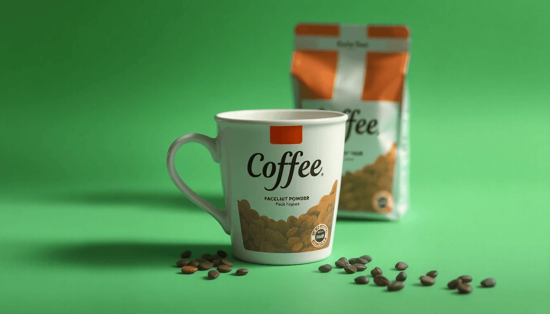 A coffee cup next to a 1kg premix coffee powder pack