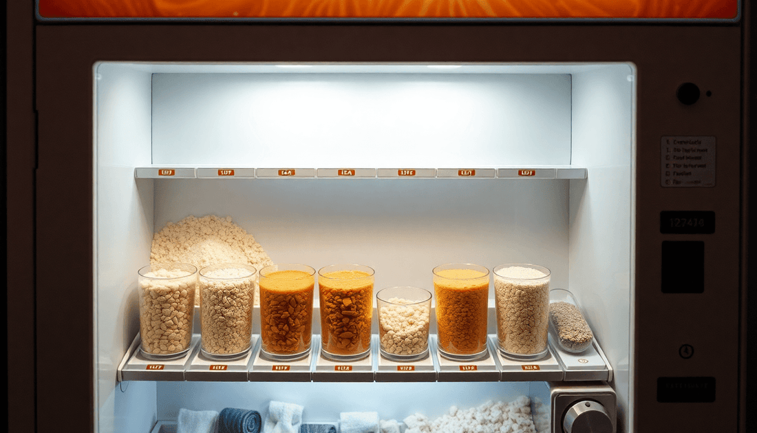 A vending machine dispensing tea premix powder
