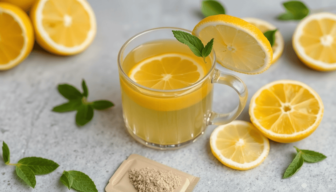 A cup of lemon tea with lemon slices and tea powder packet