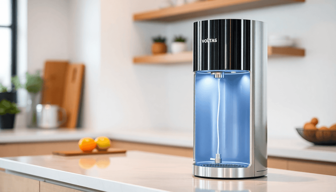 A sleek Voltas water dispenser on a kitchen counter
