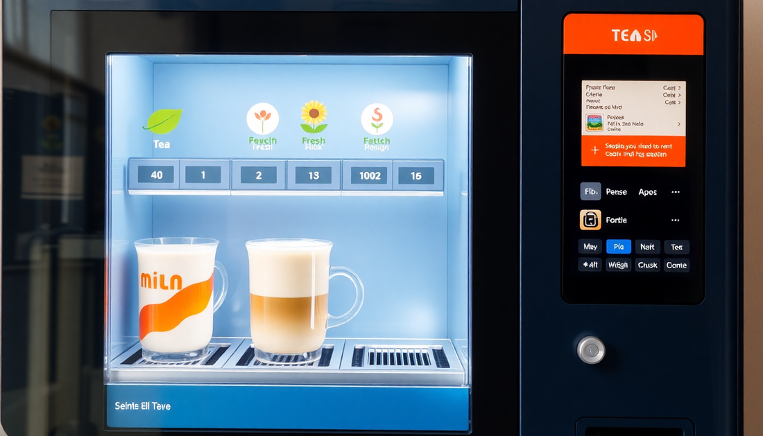 A modern vending machine dispensing tea and fresh milk coffee