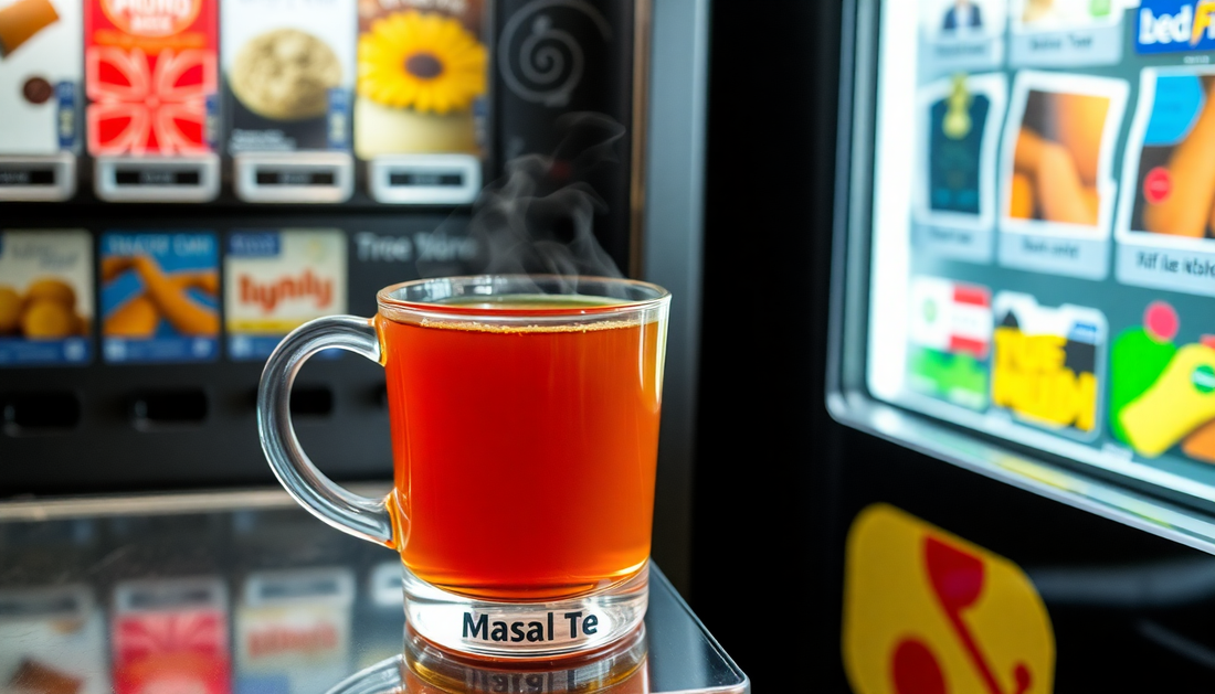 A steaming cup of masala tea next to vending machine