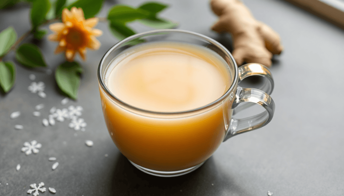 A steaming cup of ginger instant tea with milk and sugar