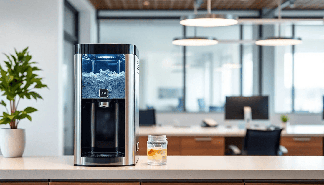 A sleek hot cold water dispenser on an office countertop
