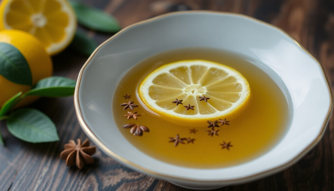 A cup of steaming lemon masala tea with spices