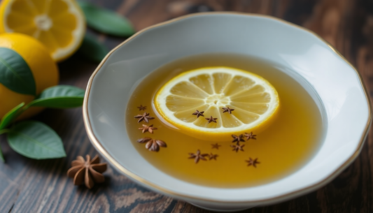 A cup of steaming lemon masala tea with spices