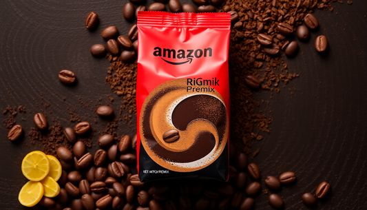 Amazon RiGmik Premix coffee pack surrounded by coffee beans and coffee powder highlighting best coffee premix deals in Noida